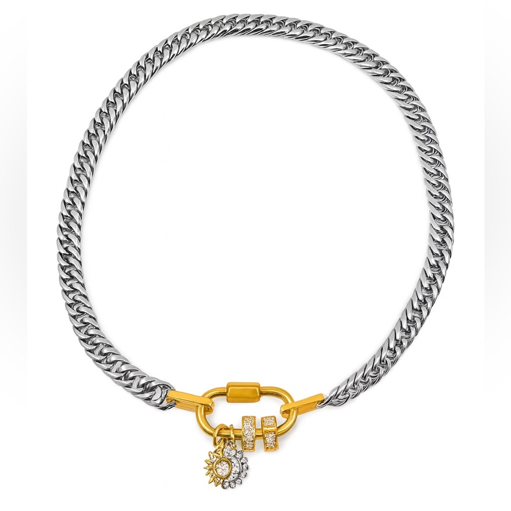 ✨ NEW 18K Gold Plated Two-Tone Cuban Chain Statement Necklace w/ Sun Charm✨ - Picture 3 of 7